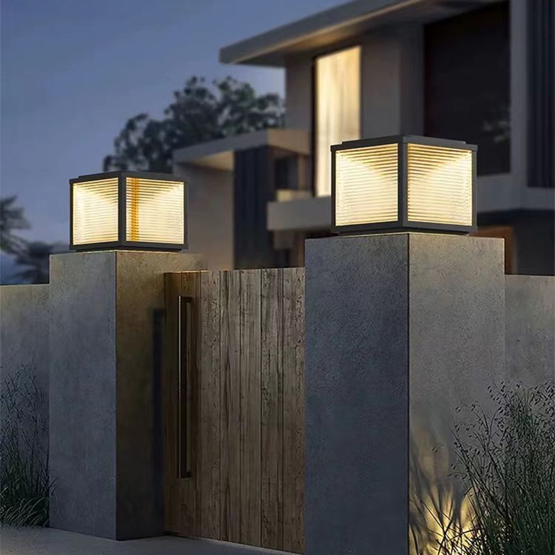 Rectangular Shape Metal Solar Pillar Lamp Modern Style 1 Light Outdoor Lights in Black