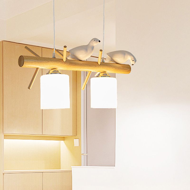 Modern Style Cylinder Shade Island Pendants 2-Lights Wood Pendant Lights for Dining Room