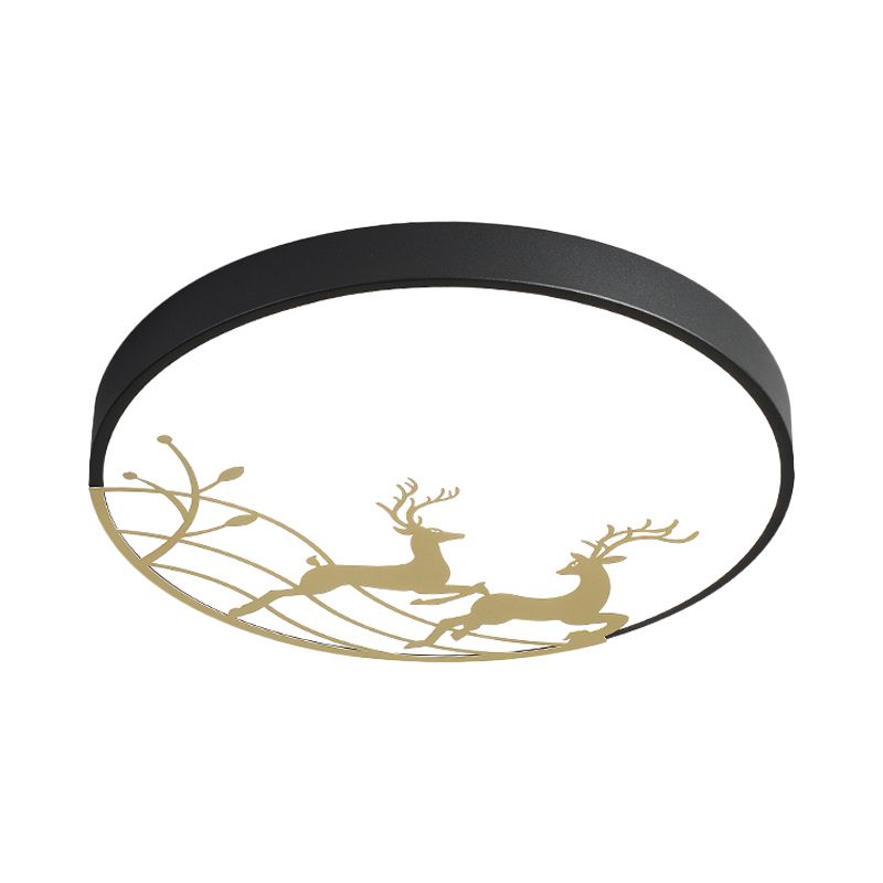 Elk Dance Patterned Round Flush Light Nordic Acrylic White/Black LED Ceiling Mount Lamp for Bedroom