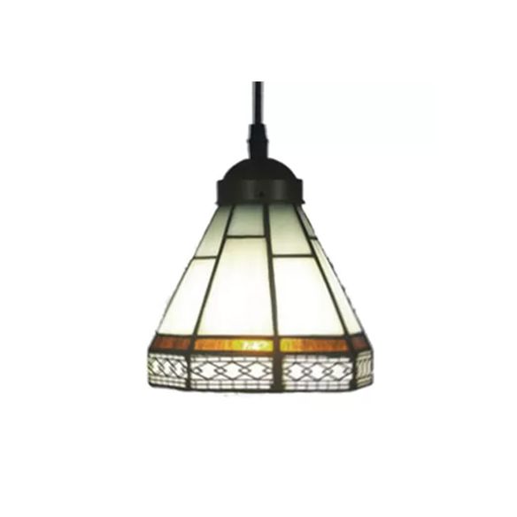 Stained Glass Conical Drop Lamp Tiffany-Style 1 Head Beige/Green/Blue Pendant Lighting Fixture for Living Room