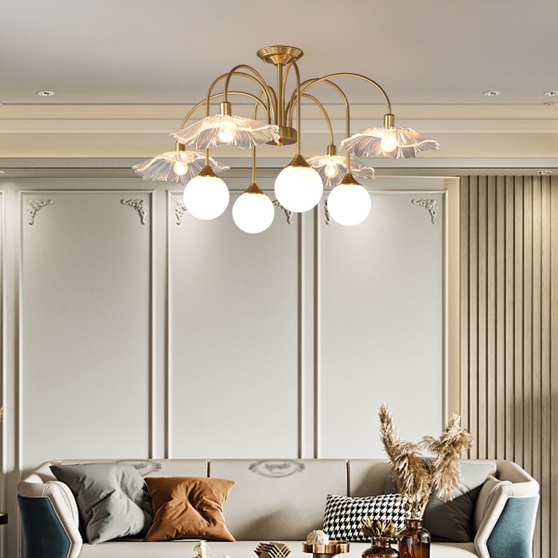 Metal Semi Flush Lamp Traditional Multi-Head Bedroom Ceiling Lighting with Glass Shade
