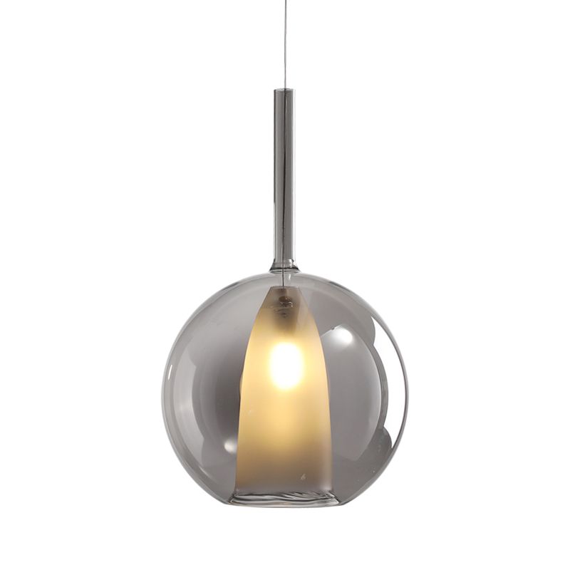 Spherical Hanging Lighting Modernism Smoke Gray/Clear Glass 1 Bulb Ceiling Pendant Light, 6"/7" Wide