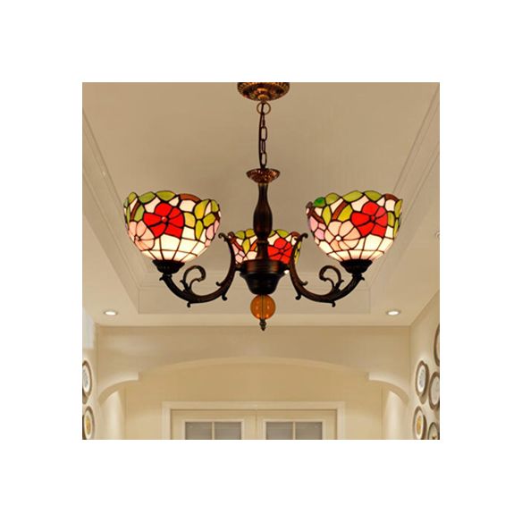 Colorful Bowl Chandelier Light with Flower/Rose/Sunflower/Yellow Flower Pattern Retro Style Stained Glass 3 Bulbs Inverted Chandelier in Brass