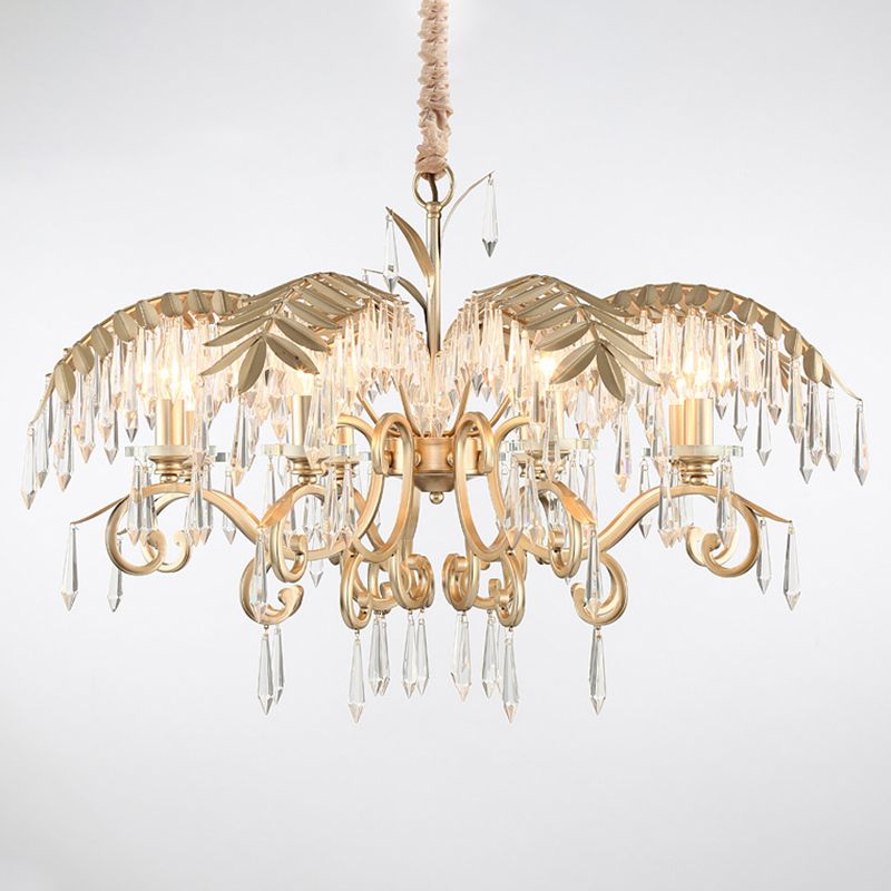 Crystal Palm Leaf Chandelier Colonial Style Dining Room Ceiling Suspension Lamp in Gold