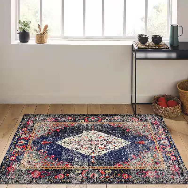Navy Traditional Carpet Polyester Graphic Carpet Stain Resistant Carpet for Living Room