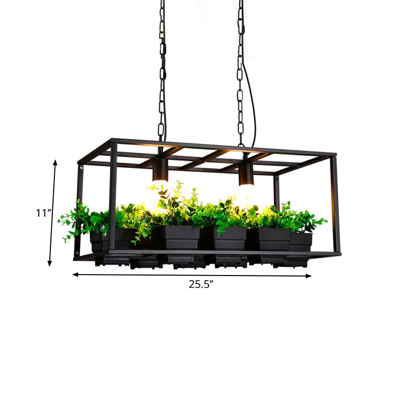 Black/White Rectangle Island Lamp Factory Metallic 2 Lights Living Room Hanging Light Fixture with Artificial Plant Deco