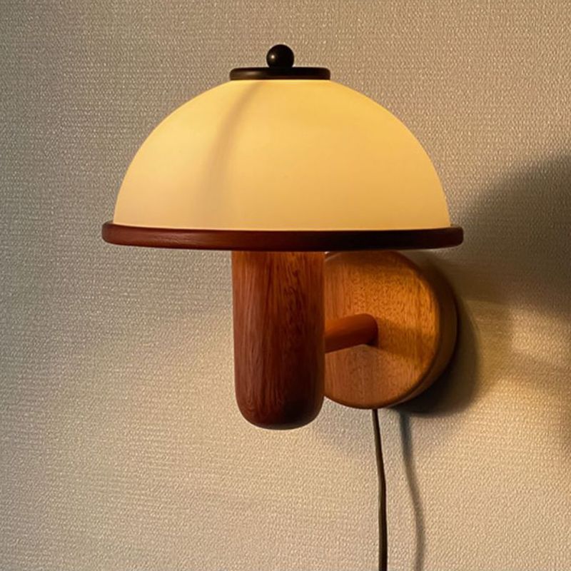 Modern Wood Wall Sconce Mushroom Shape Wall Light with Metal Shade for Living Room
