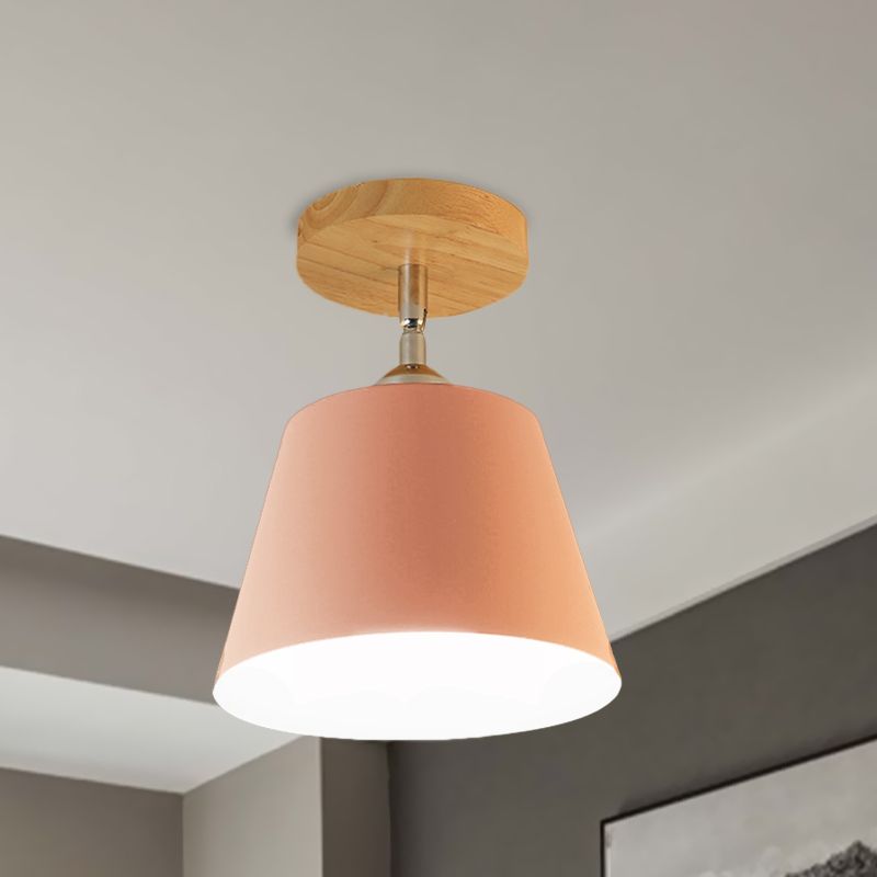 1 Light Tapered Semi Flush Pendant Light Modernism Gray/Pink Metal and Wood Adjustable Ceiling Light