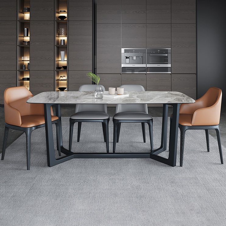 Mesa industrial rectangular con base de caballete, mesa fija en tono gris con piedra sinterizada