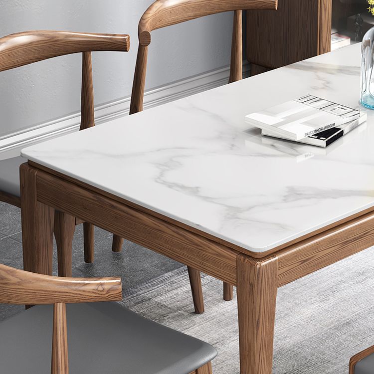Mesa de comedor rectangular moderna de mediados de siglo, mesa de piedra sinterizada con base de madera de 4 patas