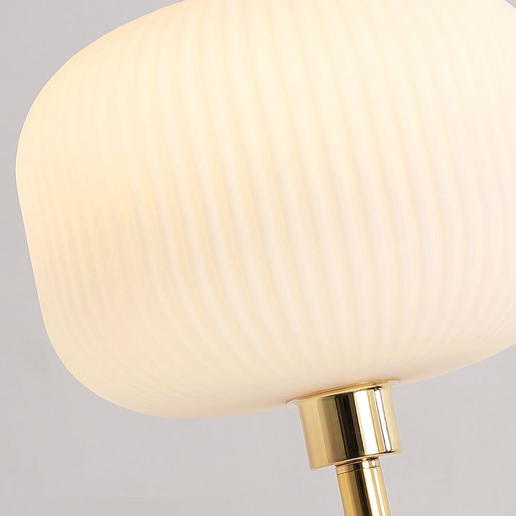 White Ribbed Glass Drum Shade Night Lamp Minimalist 1 Bulb Gold Table Light with Marble Base