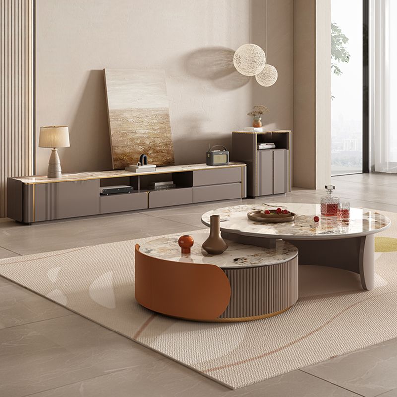 Round Coffee Table Slate Glam Nesting Coffee Table Set with Drawer