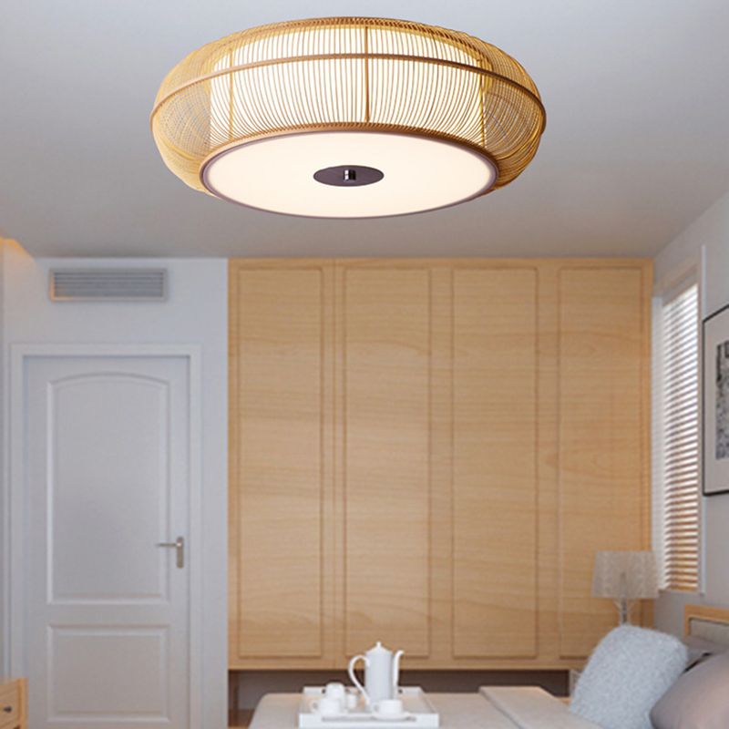 Asian Bamboo Flush Mount Lighting Rounded Drum Ceiling Light for Living Room