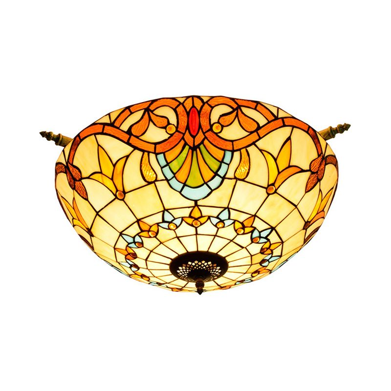 Baroque Dome Semi Flush Mount Lighting 5 Bulbs Handcrafted Stained Glass Close to Ceiling Lamp in White/Blue, 21.5"/25.5" W