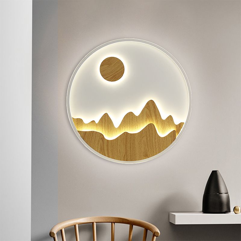 Wooden Circular Wall Mural Lamp Asia Mountain and Sun LED Wall Lighting Ideas in Yellow