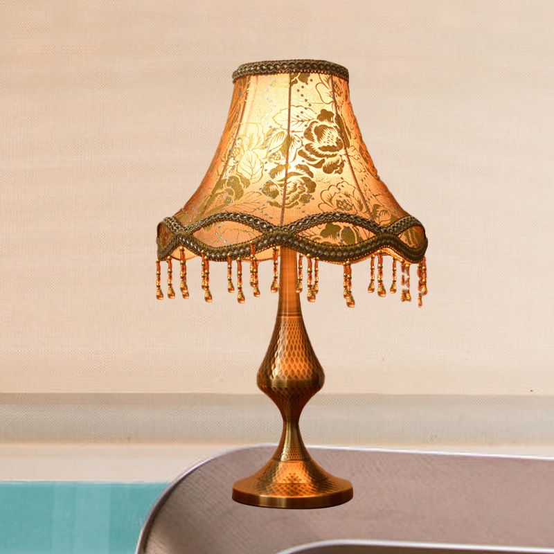 Brass 1 Head Night Stand Lamp Vintage Floral Print Fabric Flared Table Light with Scalloped Trim and Fringe
