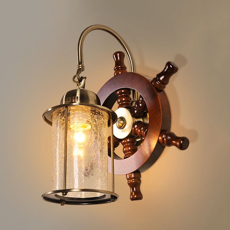 Cylinder Clear Crackle Glass Wall Lamp Sconce Farm 1 Light Living Room Wall Lighting in Gold with Wood Rudder Deco