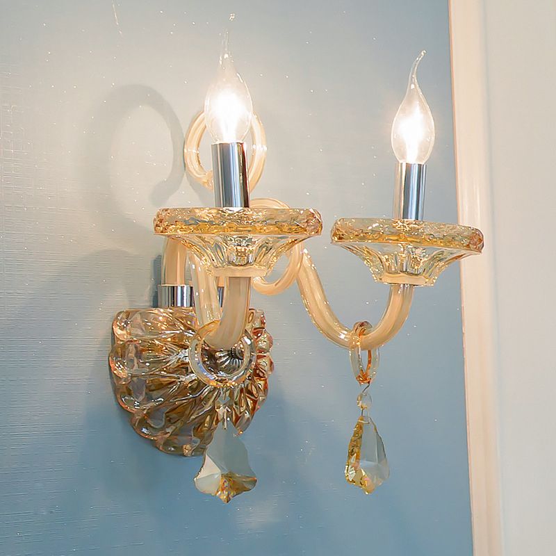 Kale lampwand sconce vintage stijlvolle barnsteen kristal 2 koppen chroom afwerking wandverlichting voor gang