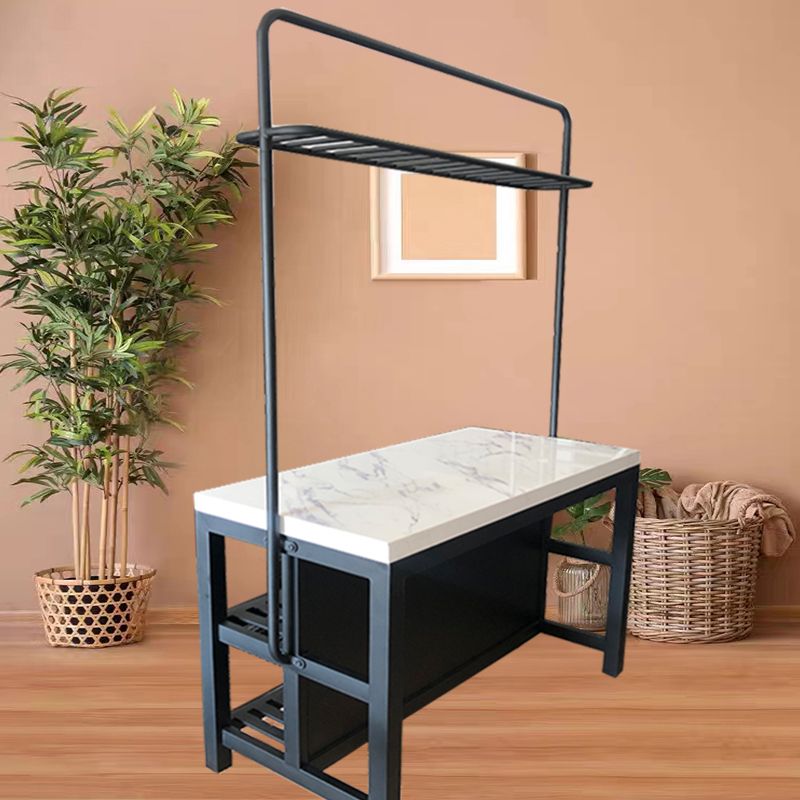 Modern Rectangular Faux Marble Kitchen Island Table with Pot Rack