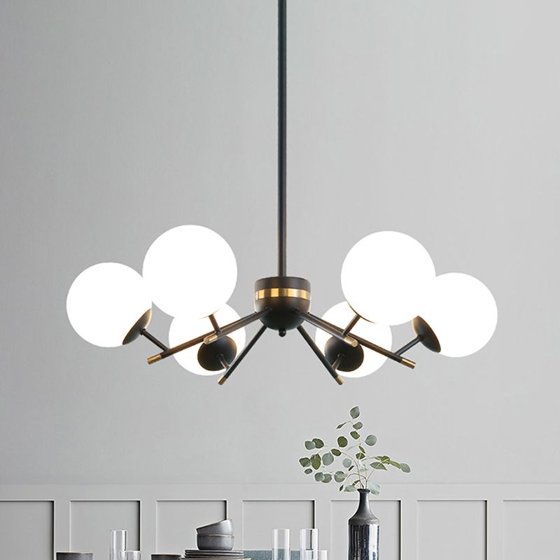 Black Finish Ball Hanging Chandelier Modernism 6 Bulbs White Frosted Glass Pendulum Light