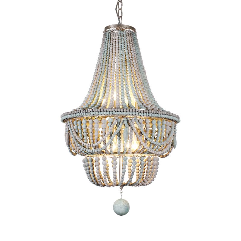 Pink/Blue Laser Cut Empire Chandelier Nordic Wood 8 Heads Pendant Lighting Fixture with Spherical Drop