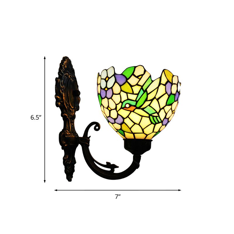 1-Light Sconce Light Baroque Flower Hand Cut Glass Wall Mounted Lighting in Bronze with Swirl Arm