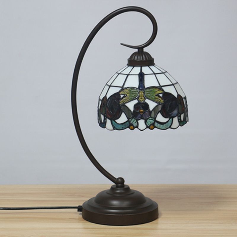 1 Bulb Dome Shaped Night Table Light Tiffany Dark Coffee Stained Glass Nightstand Lamp with Butterfly and Flower Pattern