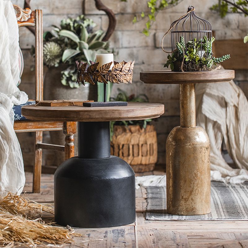 Wood Pedestal Side Table Rustic Round End Table in Distressed Finish