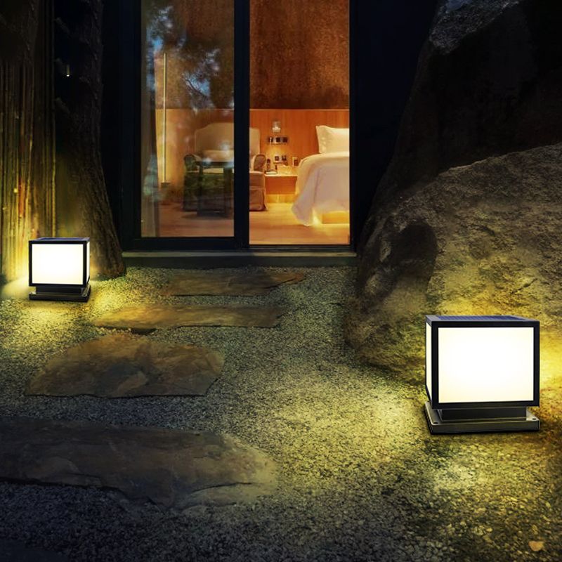 Square Shape Metal Outdoor Lamp Modern Style 1 Light Solar Pillar Lights in Black