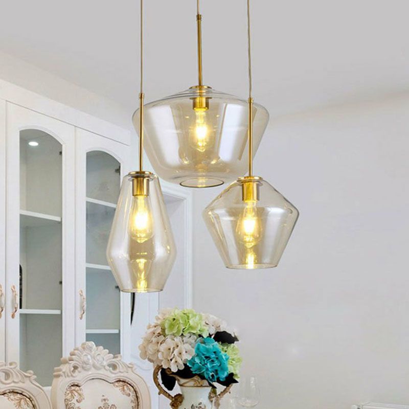 Gemstone Glass Hanging Light Fixture Postmodern 3-Head Brass Finish Cluster Pendant Light