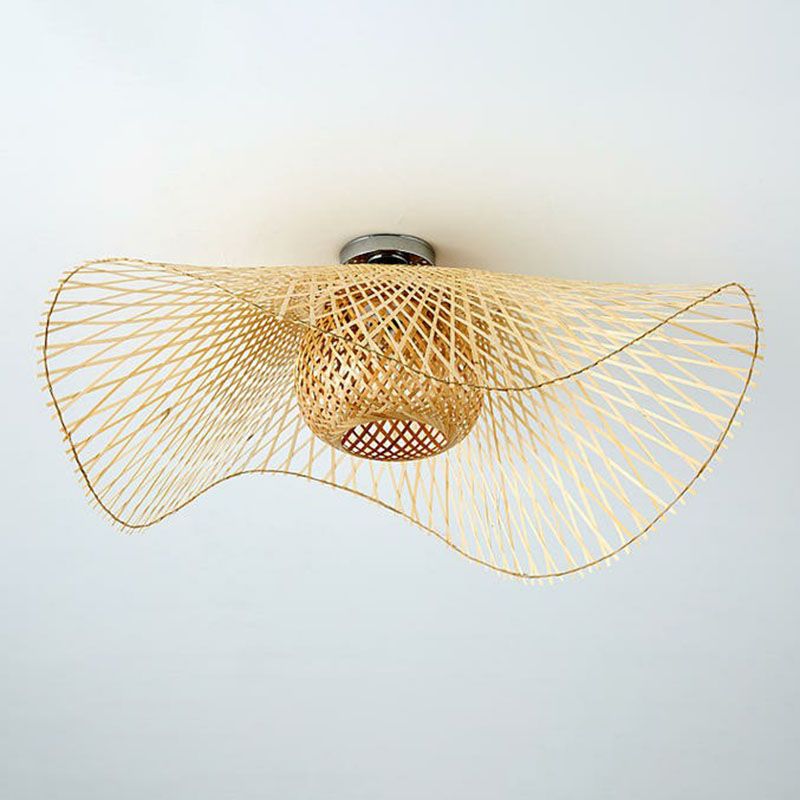 Straw Hat Flush Mount South-east Asia Bamboo Single Wood Flushmount Ceiling Light for Restaurant