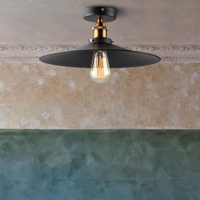1 Light Round Shade Semi Flush Mount Light Industrial Iron Ceiling Lamp
