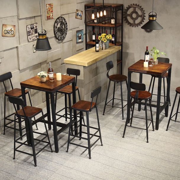 Industrial Brown Pine Bar Dining Table Square Indoor Bistro Table with Trestle Pedestal