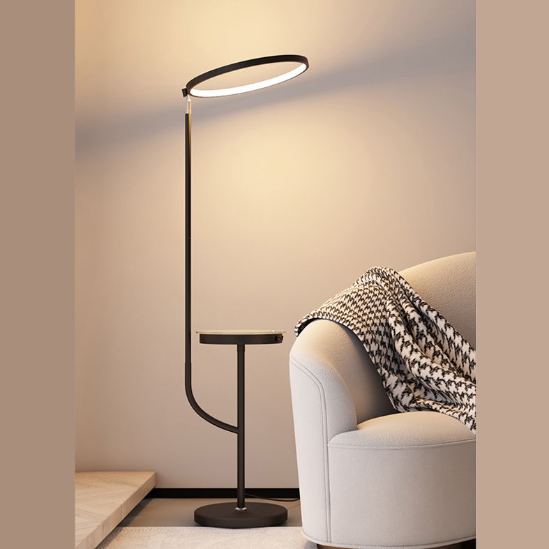 Lámpara de sombra de anillo ajustable lámpara de metal minimalista LED negro de pie con bandeja