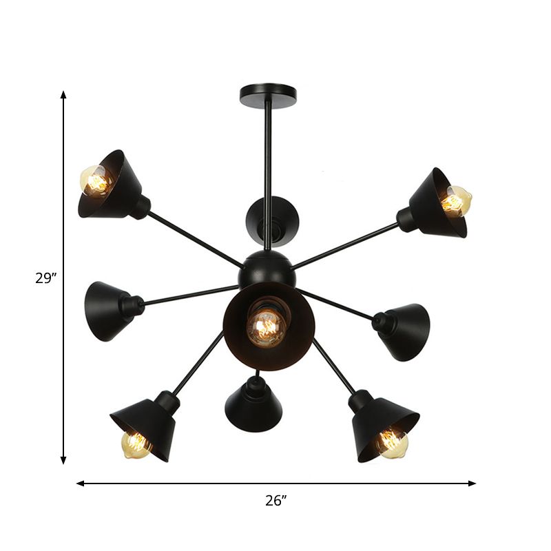 Cone Shade Metal Hanging Lamp Industrial Stylish 9/12/15 Lights Black Chandelier Pendant Light with Sputnik Design
