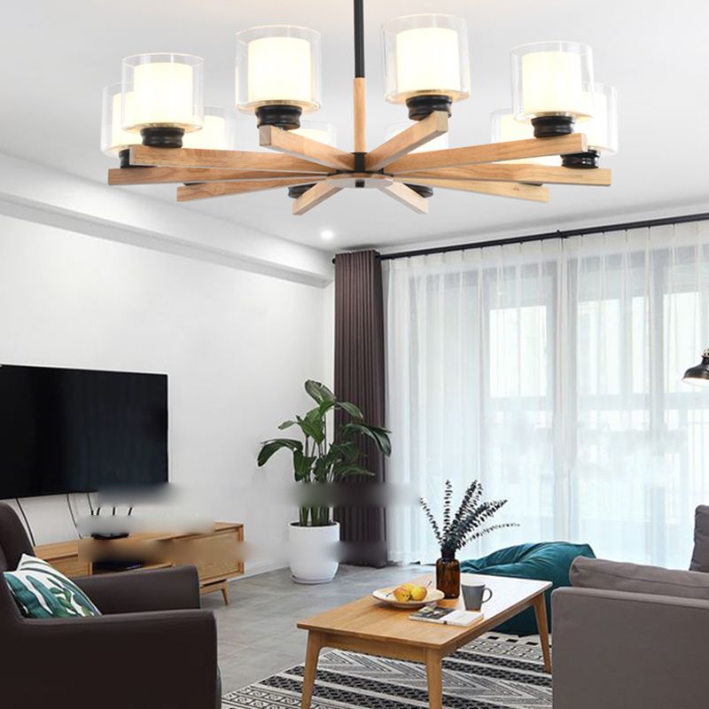 Wooden Chandelier Modern Living Room Suspension Lamp with Glass Shade