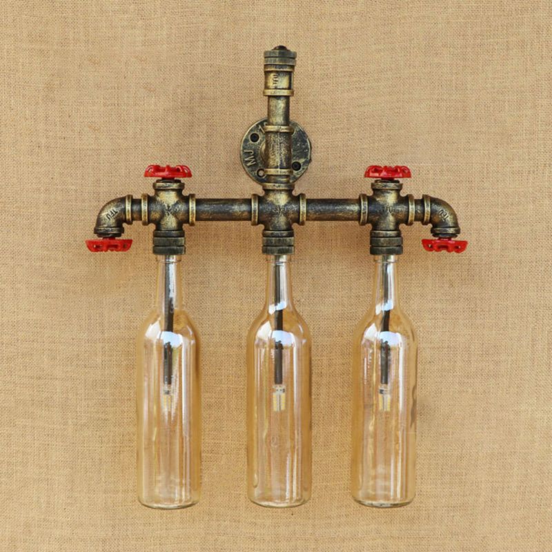 Schmiedeeisenflasche Wandleuchte Antiquitäten 3 Lichter Wohnzimmer Blau/klare Wandmontagelampe mit gealtertem Messingrohr