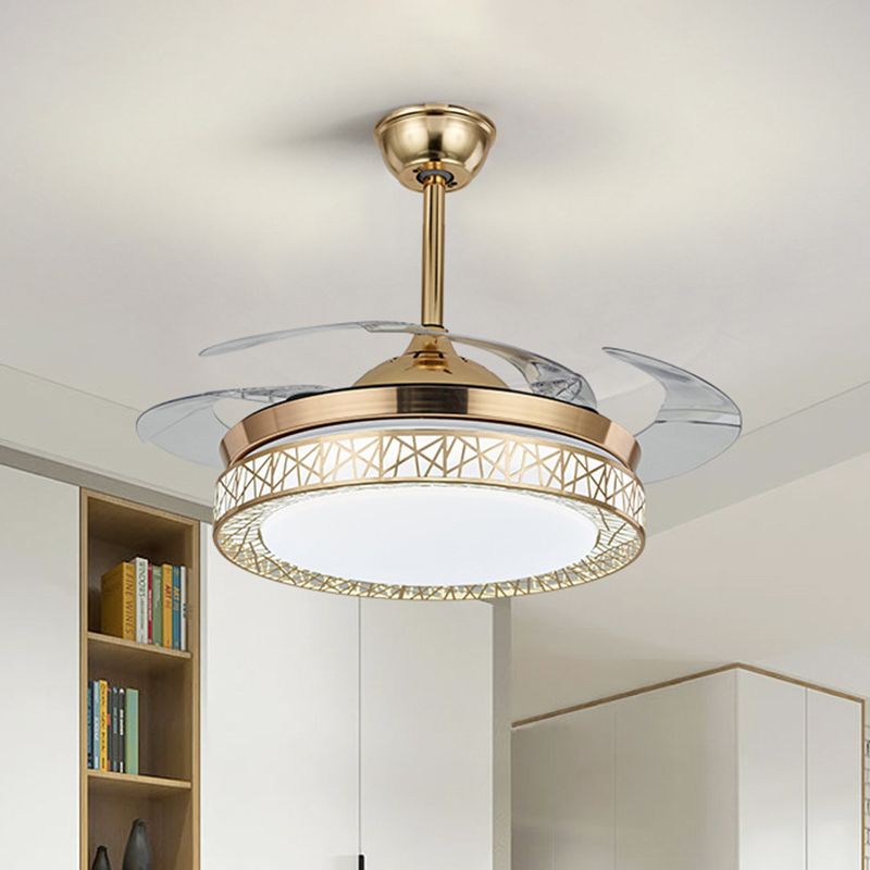 42 "brede LED semi-flush plafondlicht minimalisme ring metalen hanger ventilatorlamp in zilver met 4 heldere messen, externe/wandregeling/3 kleurlicht