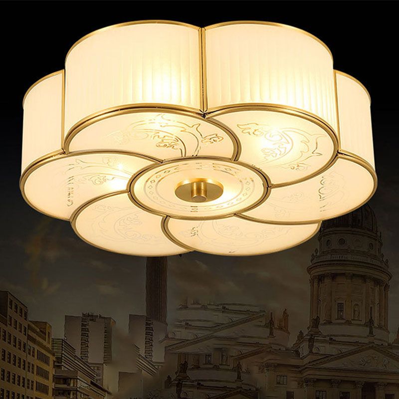 White Glass Flush Mount in Colonial Retro Style Copper Ceiling Light for Bedroom