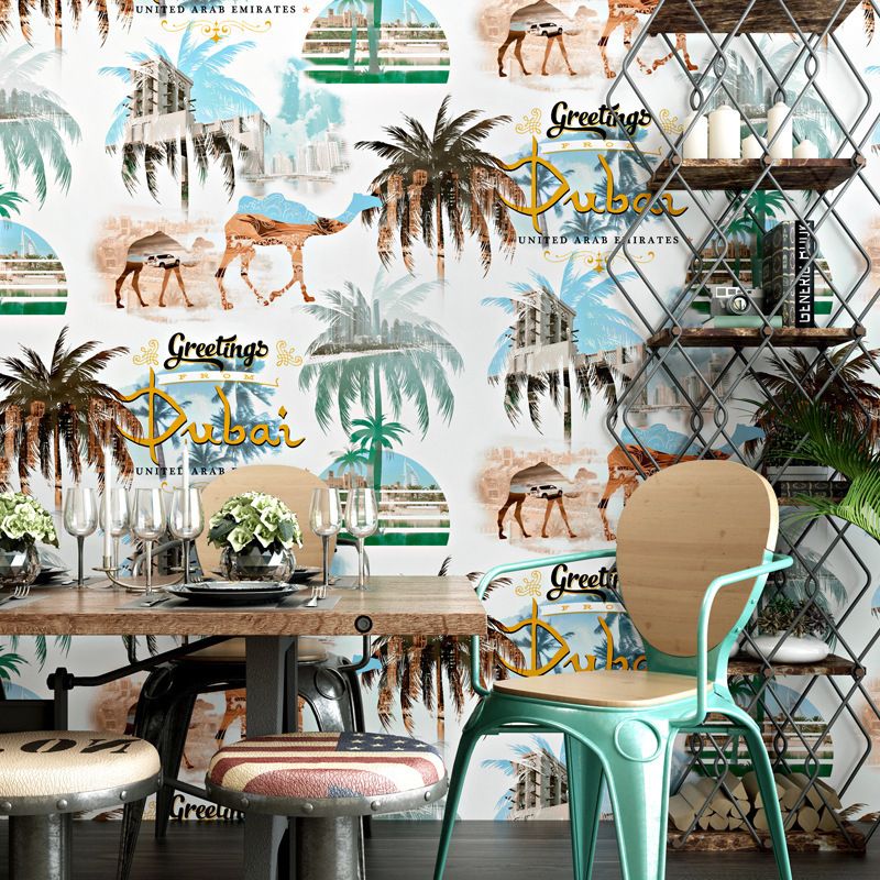 Camel and Coconut Tree Wallpaper 33' by 20.5" Thai Tropical Non-Pasted Wall Decor in Multi-Color