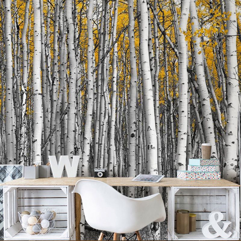 Big Photo Style Simple Mural for Home Decoration with Birch Tree Design in Grey and Yellow