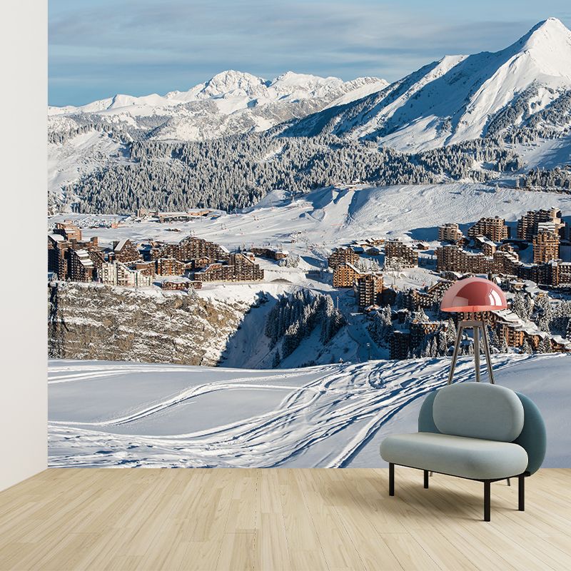 Grey-White Contemporary Mural Decal Large Mountain Village after Snowfall Wall Art for Home