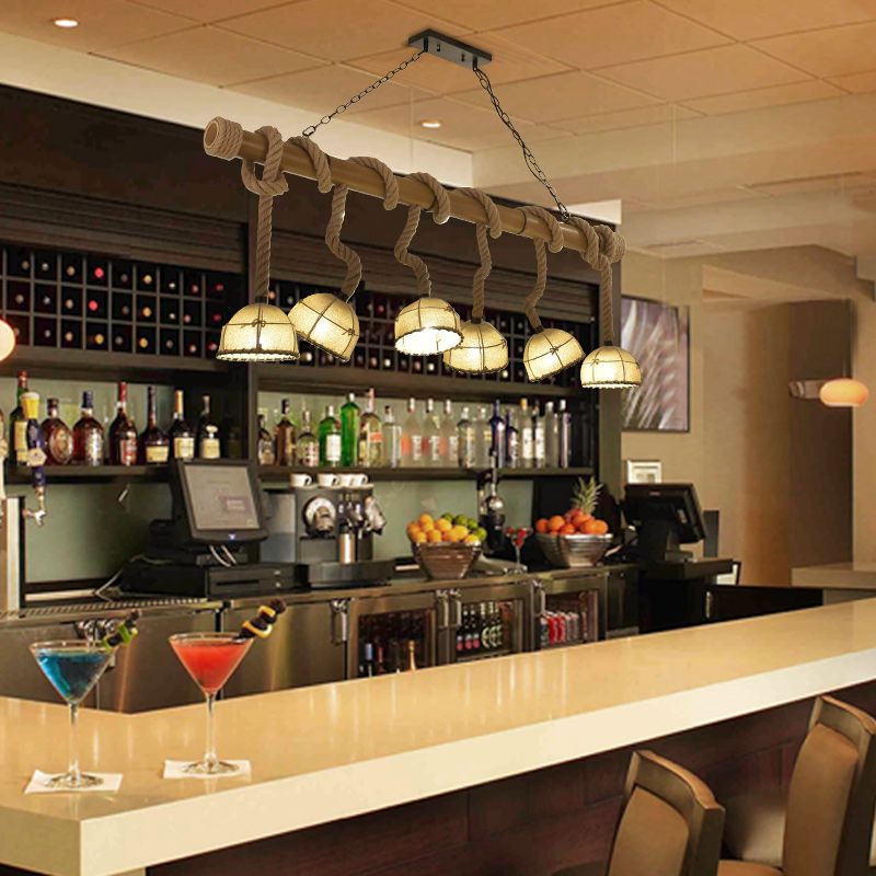 6 Lights Fabric Island Light Farmhouse Wood Bowl Shade Restaurant Pendant Lighting