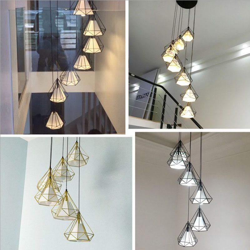 Spiral Diamond Cage Metallic Suspension Light Minimalist 6 Bulbs Black Multi Light Pendant for Stairwell
