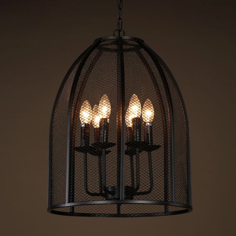 Black Iron Mesh Chandelier Lamp Traditional Metal 6 Lights Living Room Hanging Light