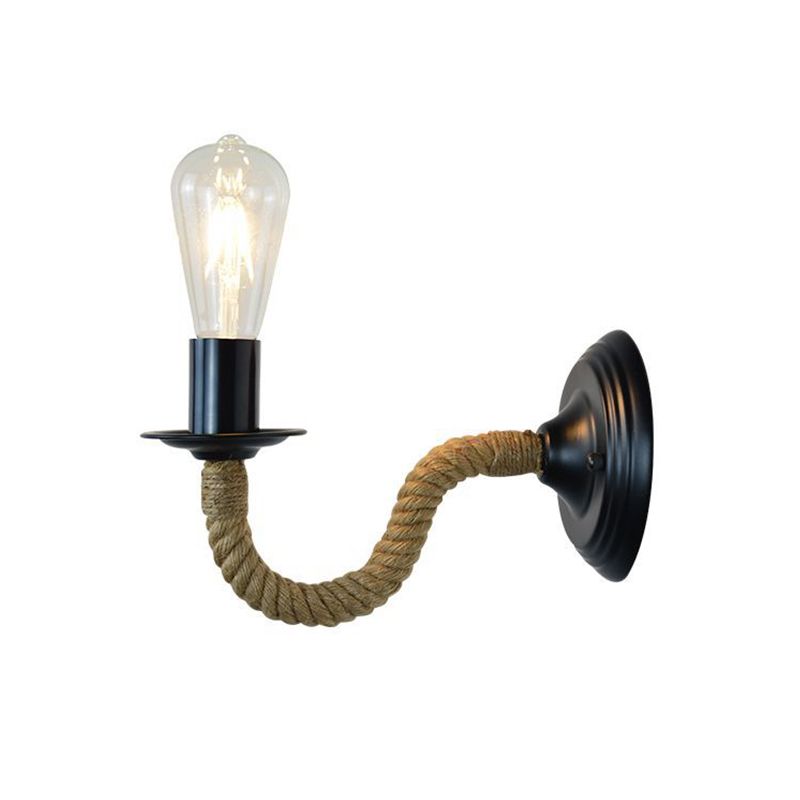 Luminaire d'éclairage à applique nue traditionnelle 1 lumière en métal lumineuse légère avec un bras enveloppé de corde en noir
