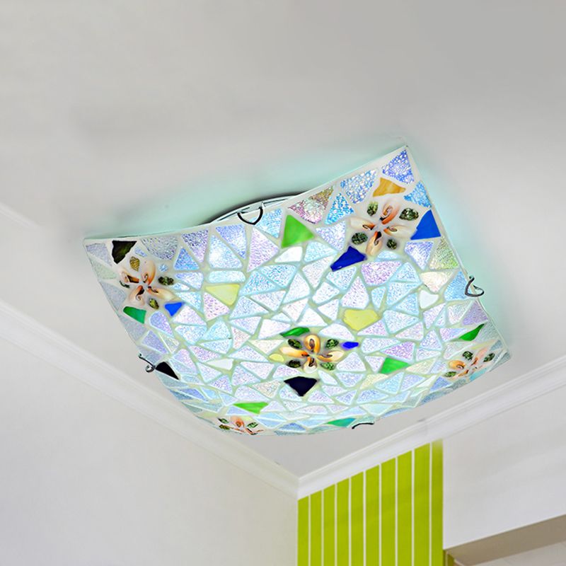 Blu/bianco convesso a filo quadrato Montaggio Luce 12 "/16" Larghezza Tiffany macchiata di vetro per soggiorno per soggiorno
