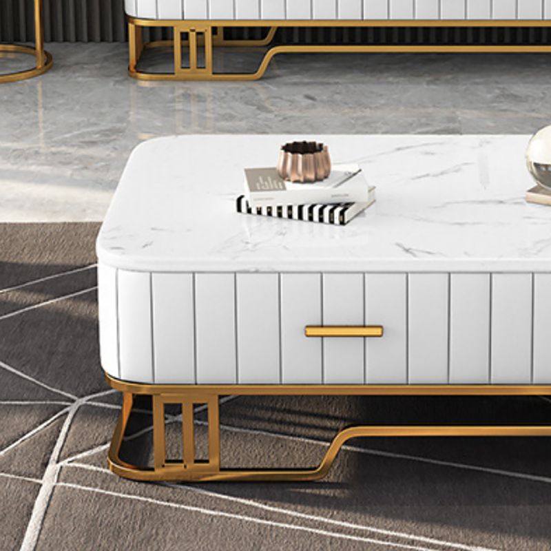 Glam Iron Frame Base Coffee Table with White Marble Top and 2 Drawers