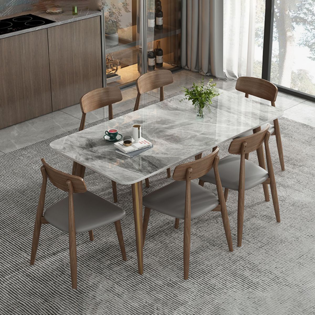 Modern Style Sintered Stone Dining Table 4 Legs Rectangular Table in Grey