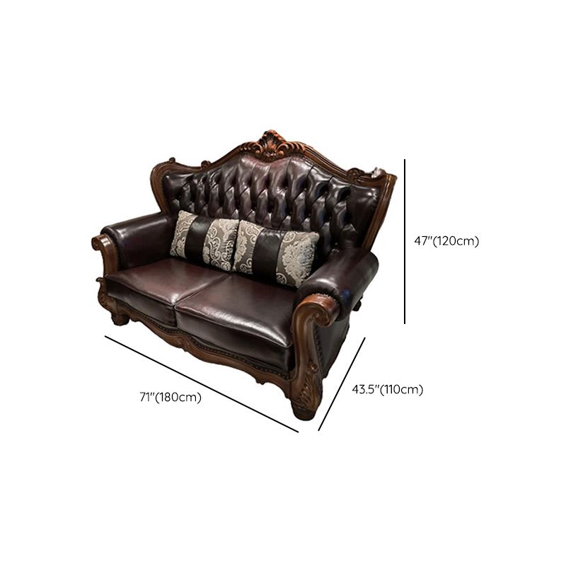 Solid Wood Genuine Leather Brown Rolled Arm Sofa with Tufted Back